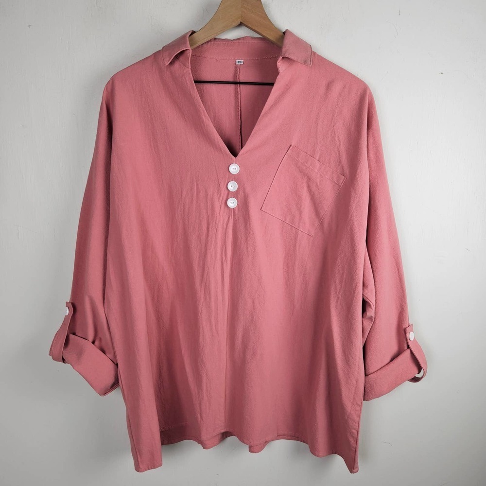Button Detail Popover Blouse V-Neck XL Mauve PInk‎